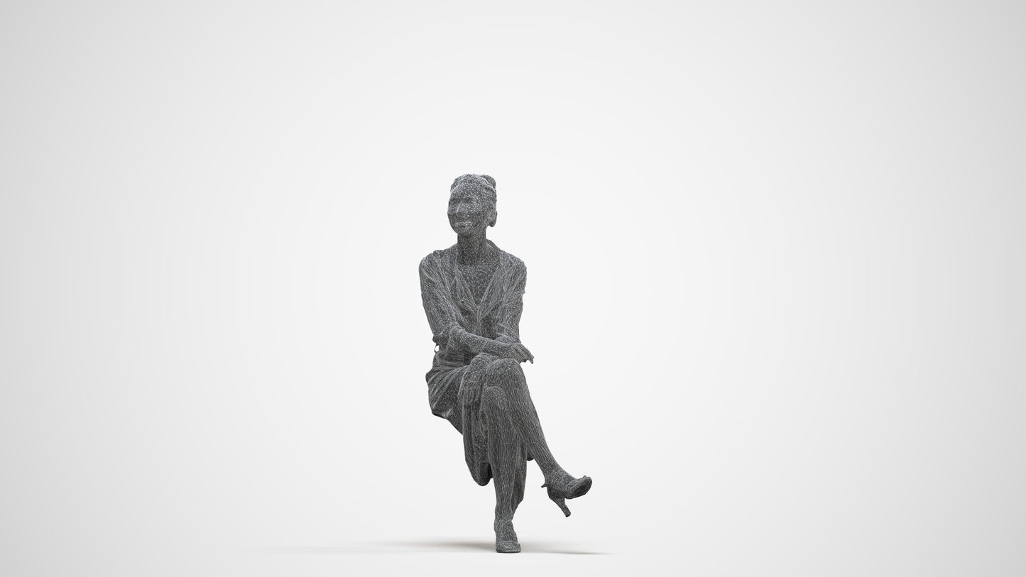 scanned 3D woman casual sitting, photogrammetry people for Enscape and V-Ray, three-quarter front view render