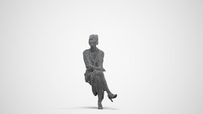 scanned 3D woman casual sitting, photogrammetry people for Enscape and V-Ray, three-quarter front view render