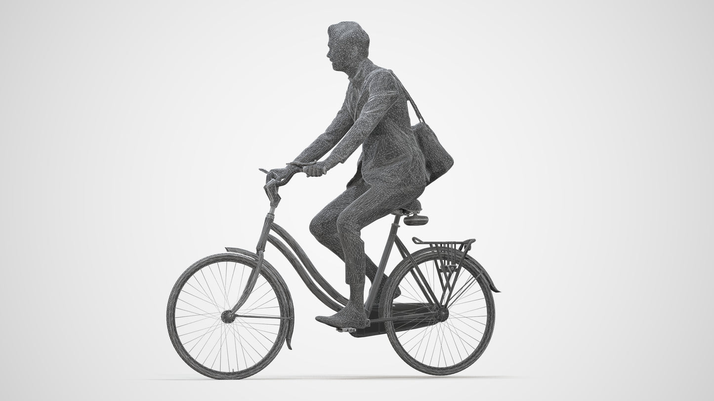photogrammetry 3D man business cycling, realistic human model archviz FBX, wireframe back view