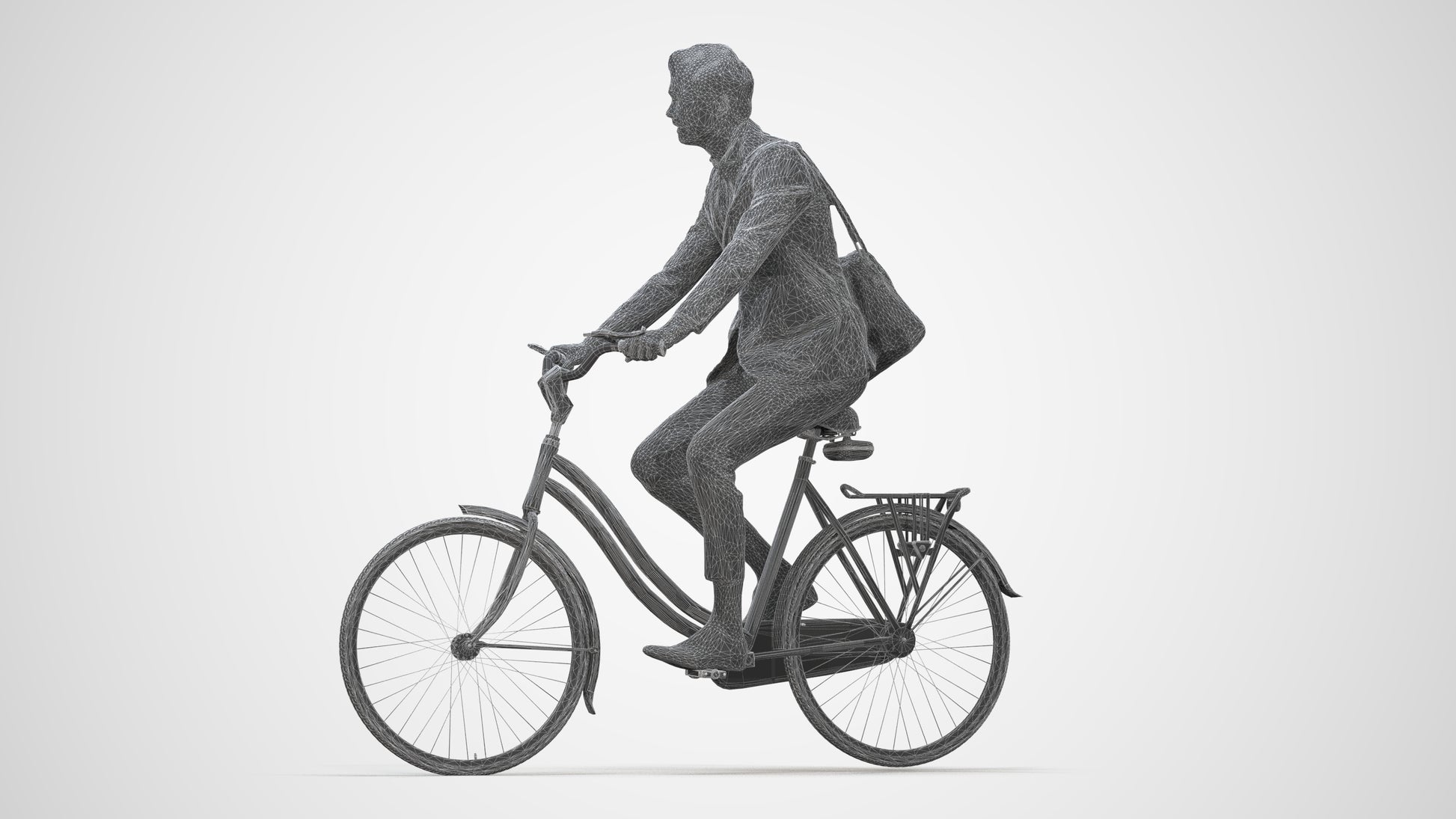 photogrammetry 3D man business cycling, realistic human model archviz FBX, wireframe back view