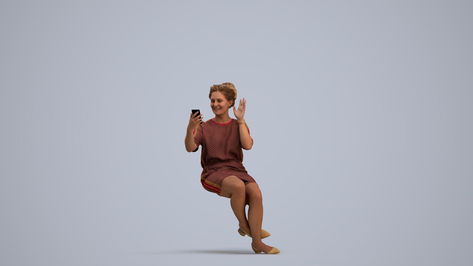 3D scanned woman sitting casual, photorealistic archviz people for Enscape and SketchUp, standing pose render