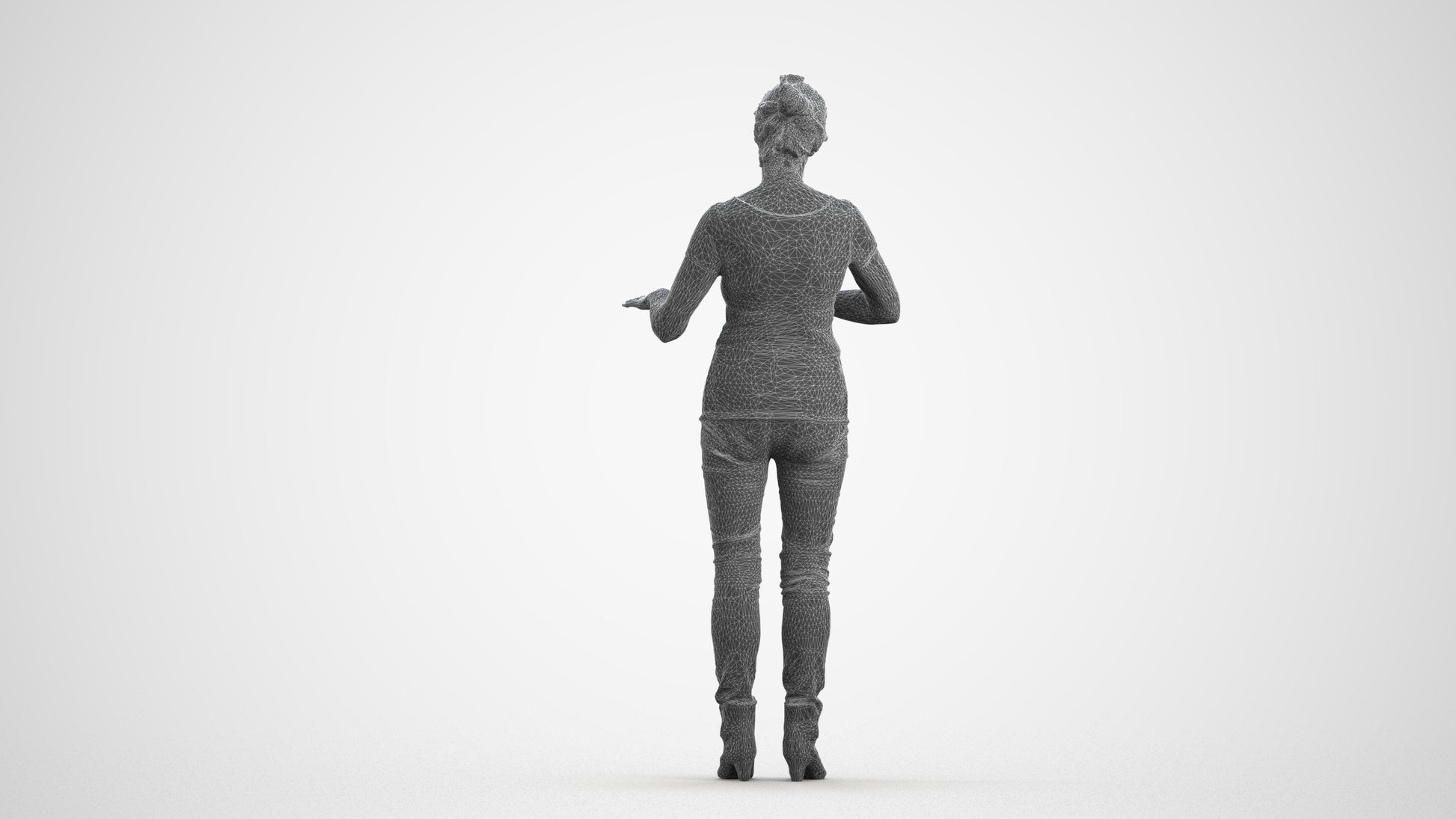 3D scanned senior woman standing casual, photorealistic archviz people for Enscape and SketchUp, wireframe front view