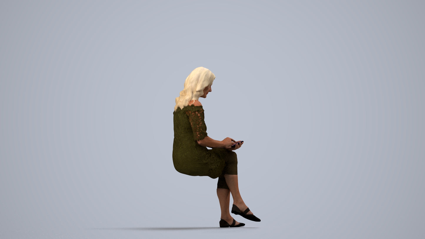 realistic 3D senior woman casual sitting, scanned archviz people for Blender and 3ds Max, side view render