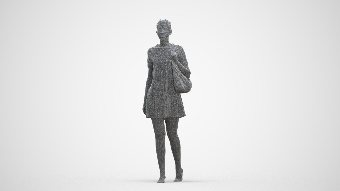 3D scanned woman walking casual, photorealistic archviz people for Enscape and SketchUp, three-quarter front view render
