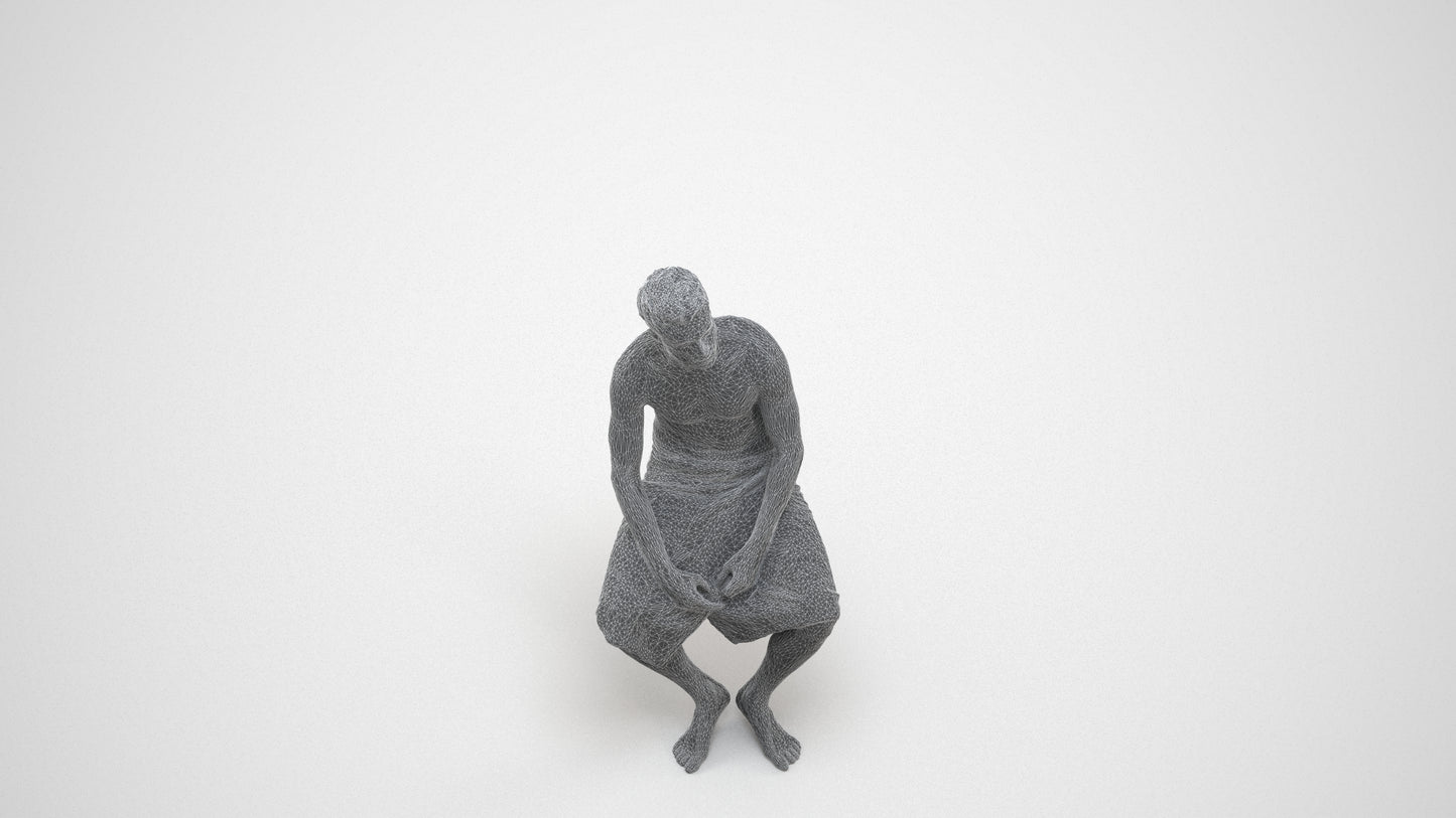 3D scanned man bathroom, photorealistic archviz people for Enscape and SketchUp, wireframe three-quarter view