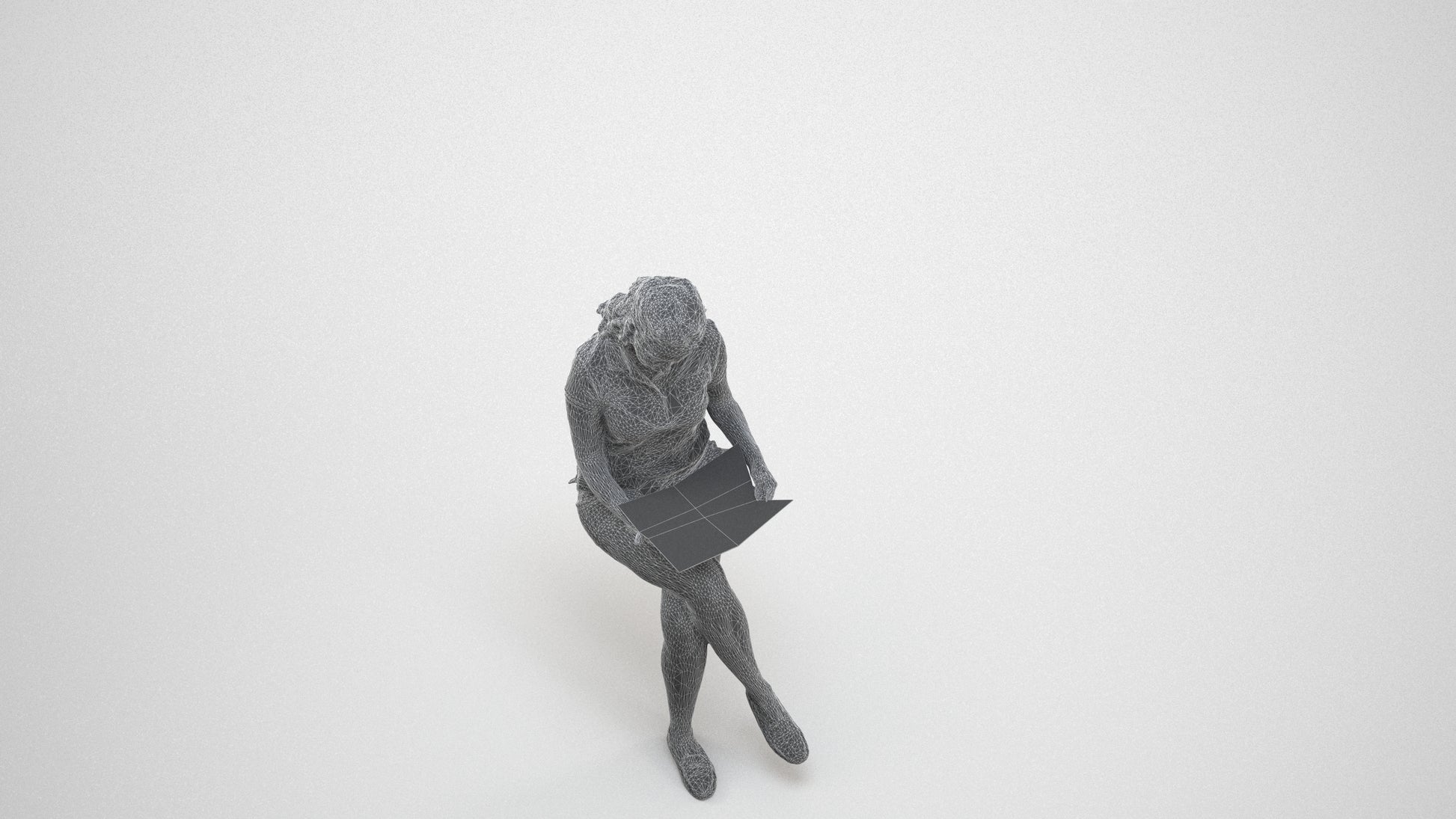 3D human model woman casual sitting, photogrammetry scanned person for archviz, wireframe three-quarter view