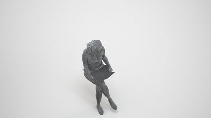 3D human model woman casual sitting, photogrammetry scanned person for archviz, wireframe three-quarter view