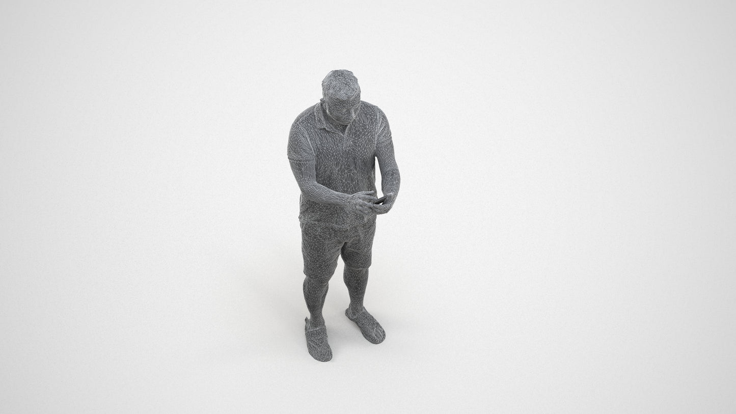 realistic 3D human man casual standing, archviz people FBX OBJ for Blender, wireframe three-quarter view