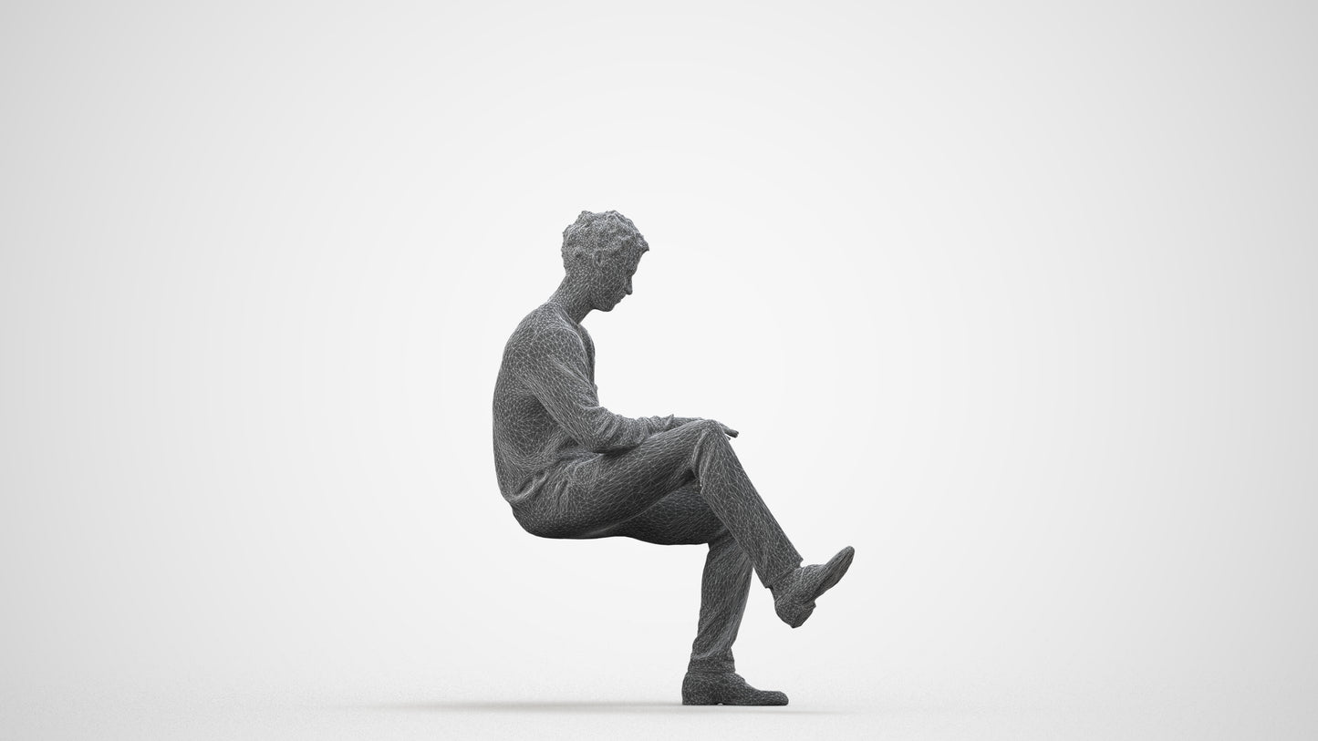 realistic 3D man casual sitting, scanned archviz people for Blender and 3ds Max, wireframe side view