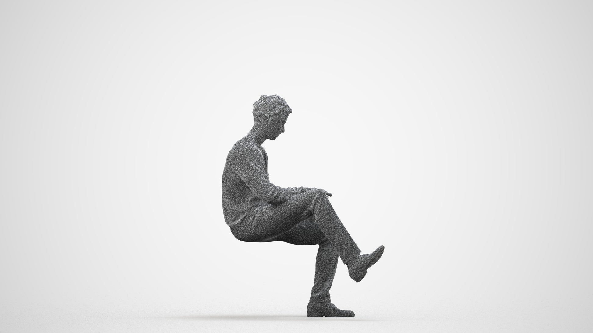 realistic 3D man casual sitting, scanned archviz people for Blender and 3ds Max, wireframe side view