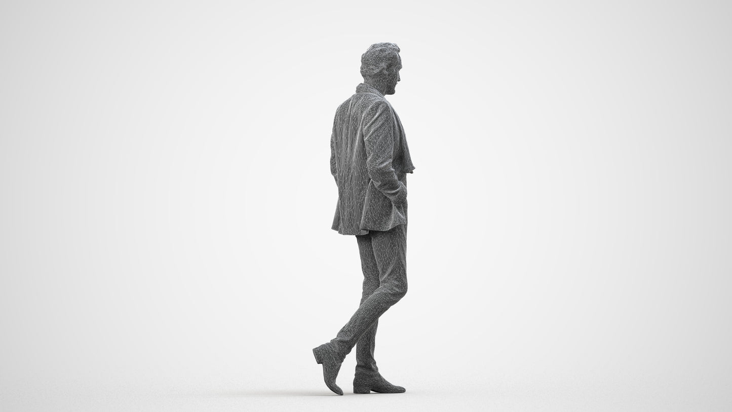 realistic 3D man business standing, scanned archviz people for Blender and 3ds Max, wireframe side view