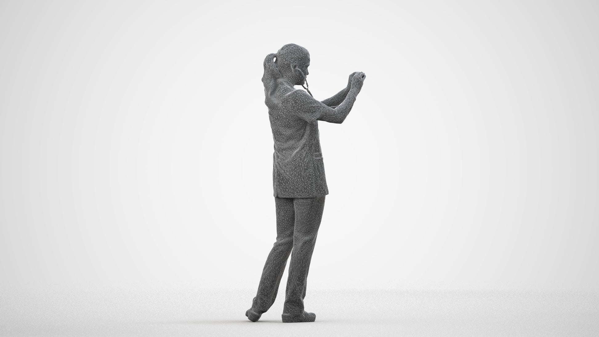 3D human model woman medical, photogrammetry scanned person for archviz, wireframe side view