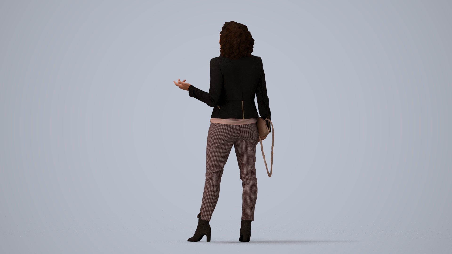 realistic 3D human woman business standing, archviz people FBX OBJ for Blender, three-quarter view render