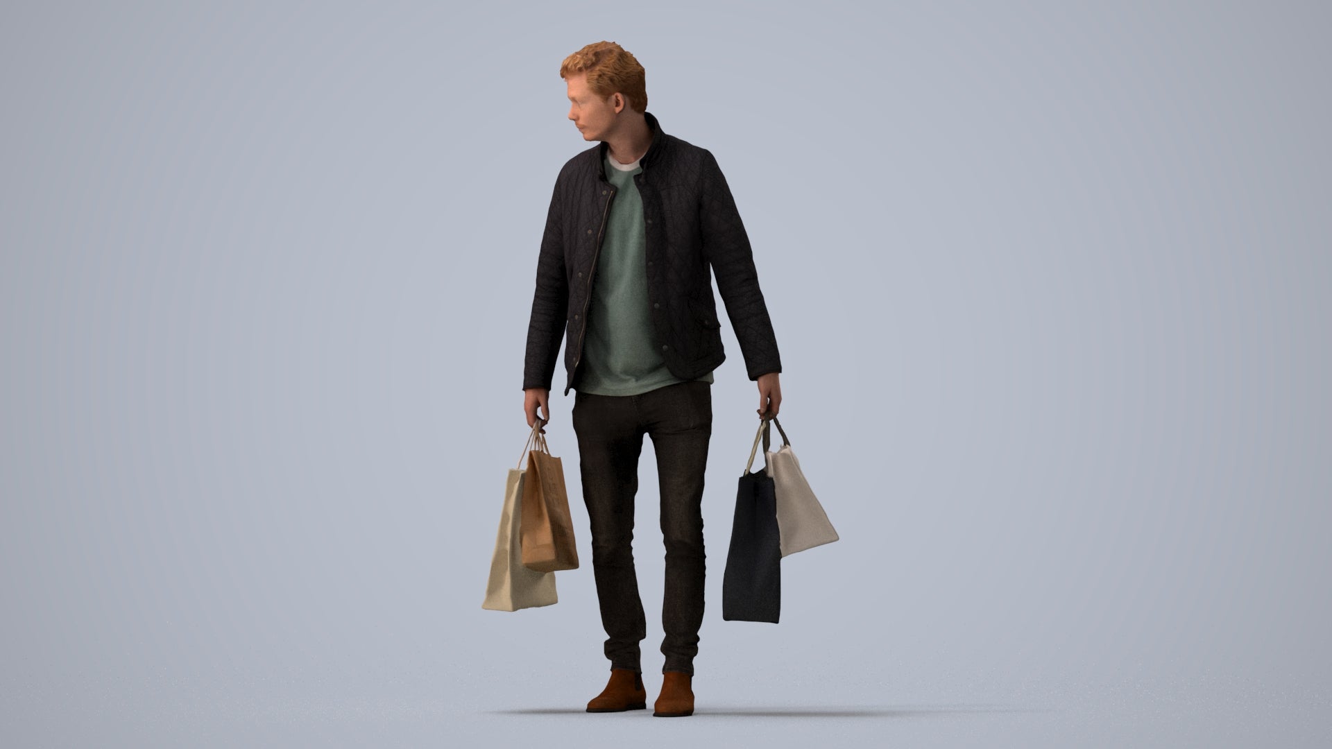 3D scanned man shopping casual, photorealistic archviz people for Enscape and SketchUp, three-quarter view render