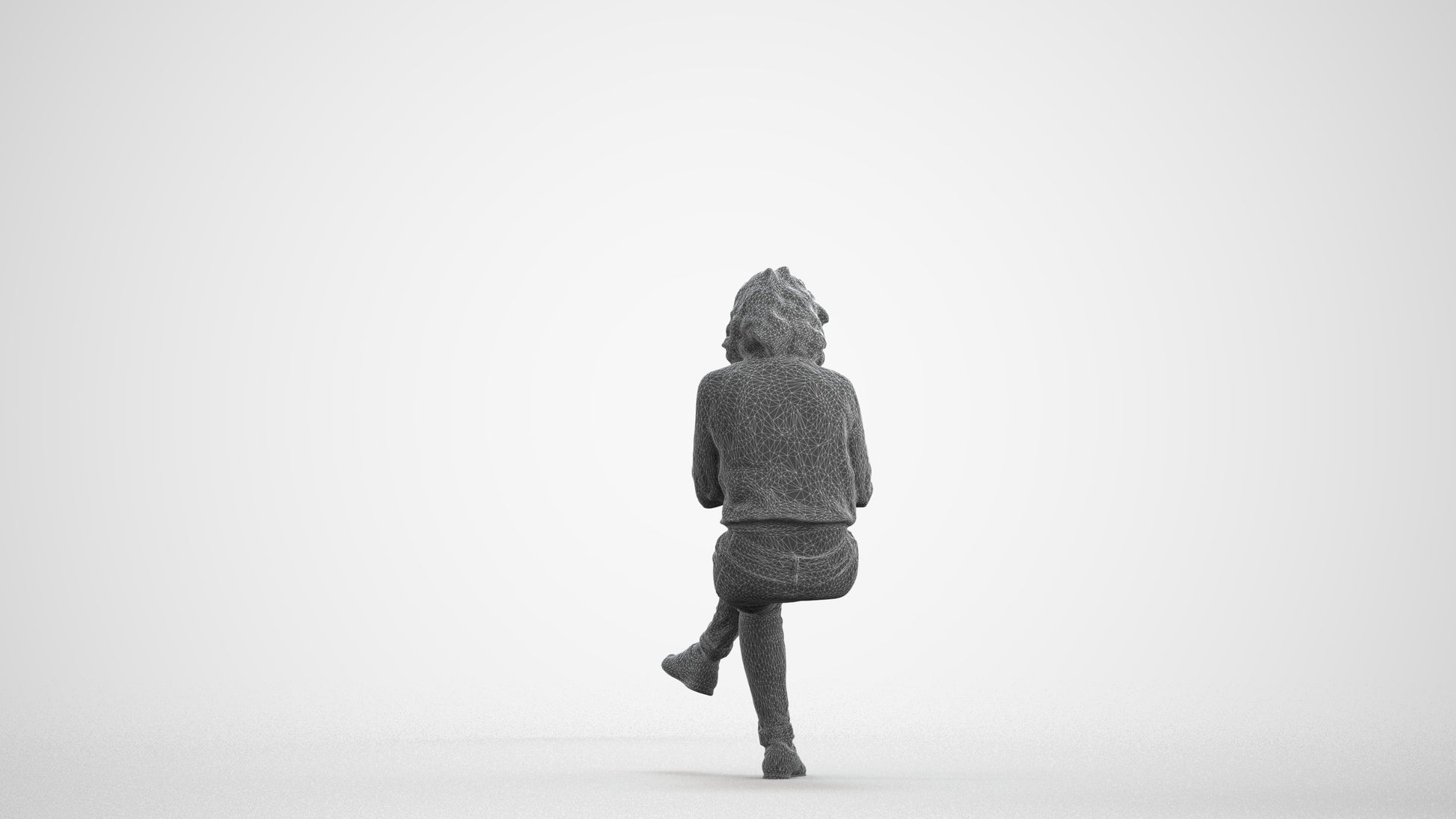 3D human model woman casual sitting, photogrammetry scanned person for archviz, wireframe front view