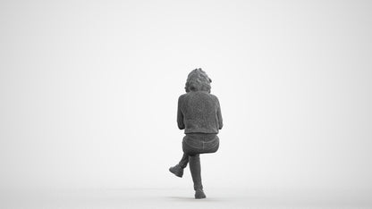 3D human model woman casual sitting, photogrammetry scanned person for archviz, wireframe front view
