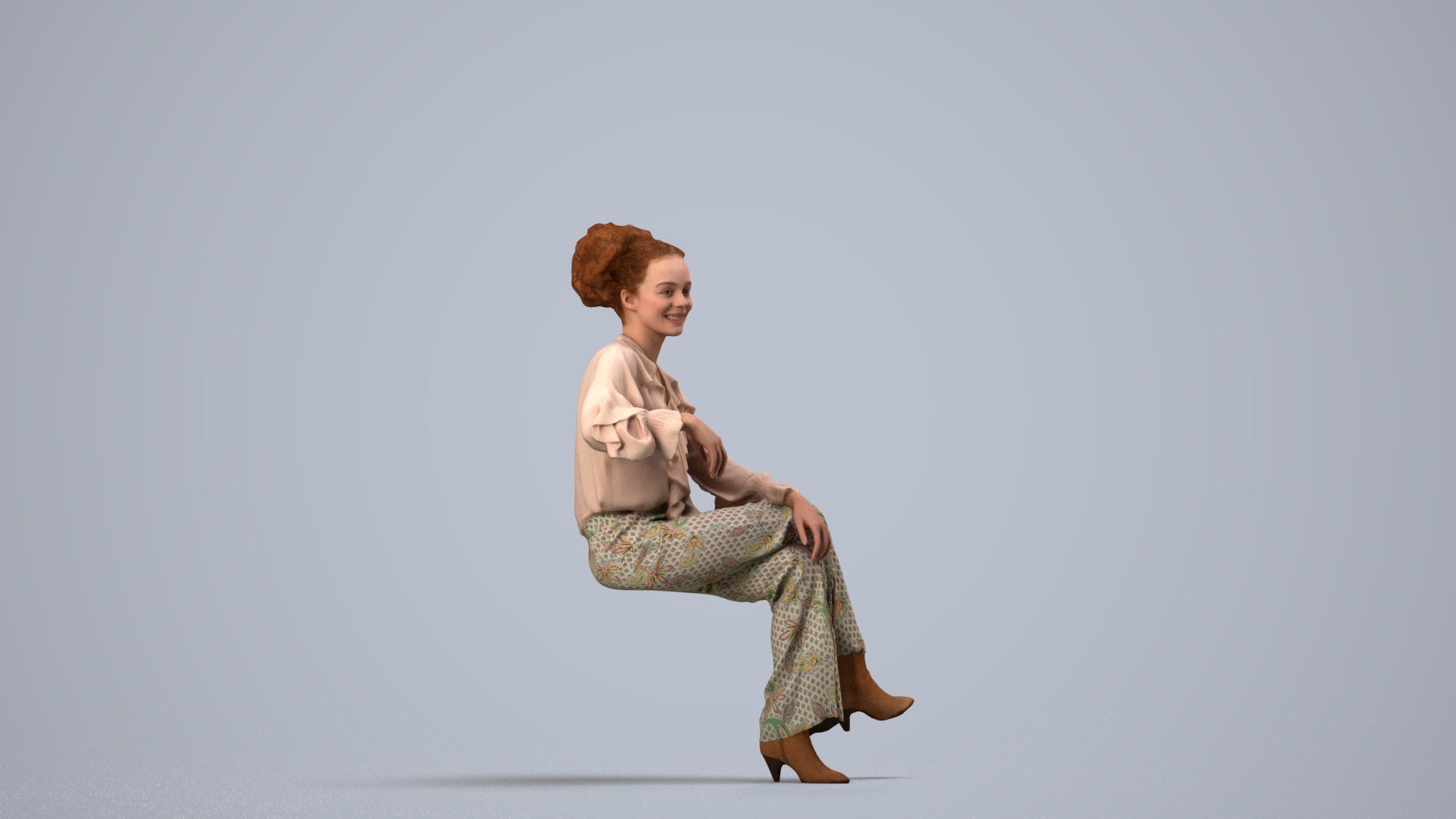 realistic 3D people woman casual sitting, render-ready for V-Ray and Corona, FBX OBJ, side view render