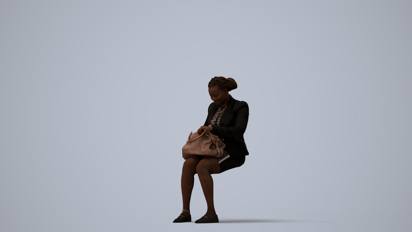 3D human model woman business sitting, photogrammetry scanned person for archviz, three-quarter view render