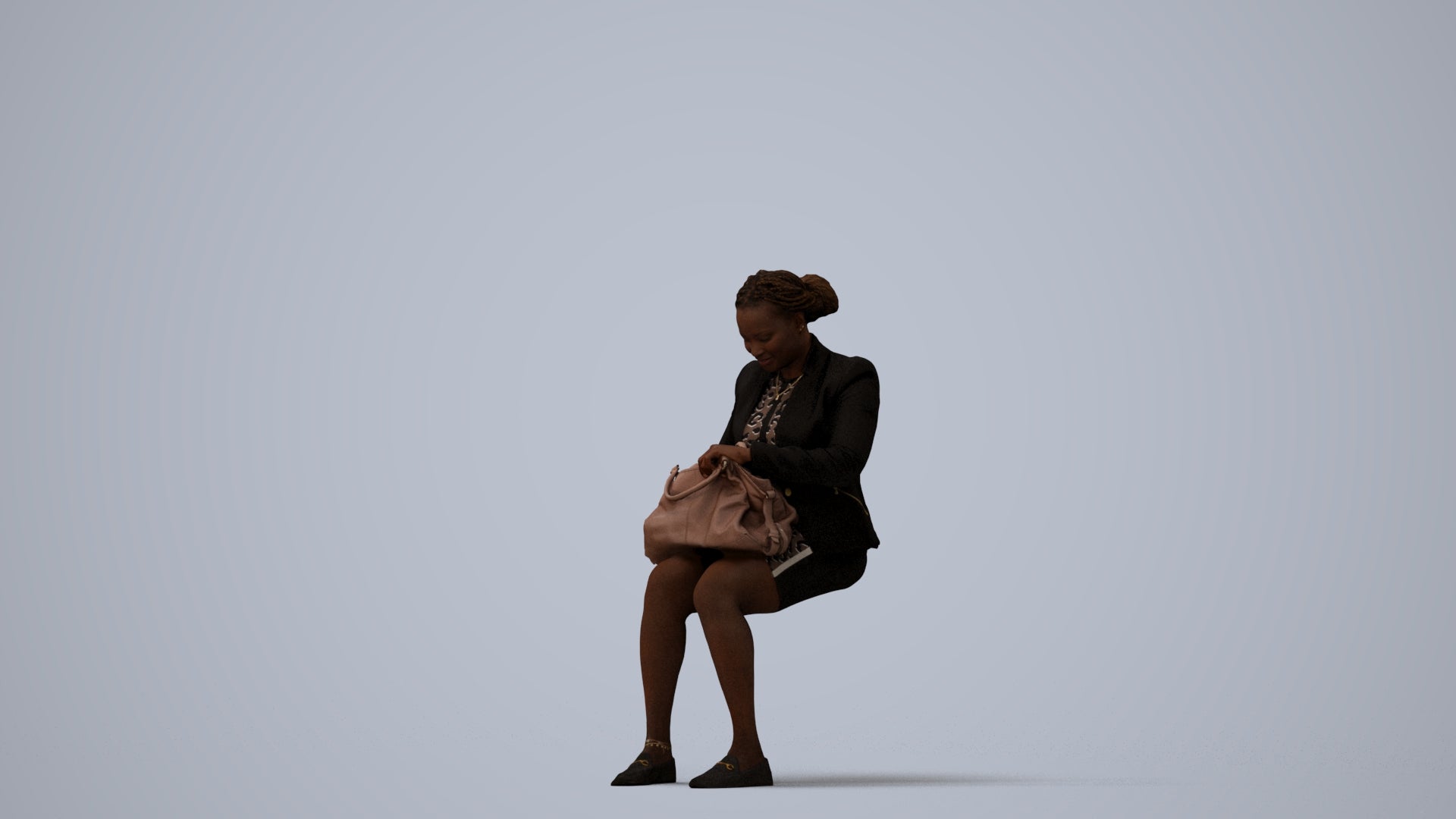 3D human model woman business sitting, photogrammetry scanned person for archviz, three-quarter view render