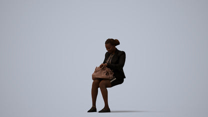 3D human model woman business sitting, photogrammetry scanned person for archviz, three-quarter view render