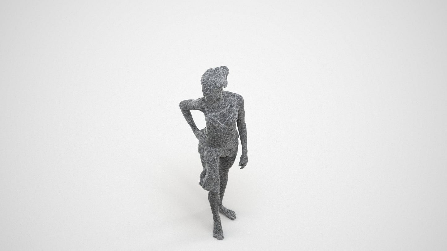 3D human model woman pool, photogrammetry scanned person for archviz, wireframe three-quarter view