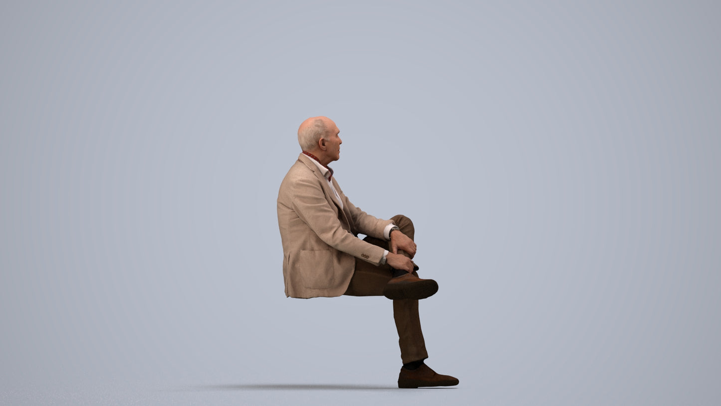 scanned 3D senior man business sitting, photogrammetry people for Enscape and V-Ray, side view render