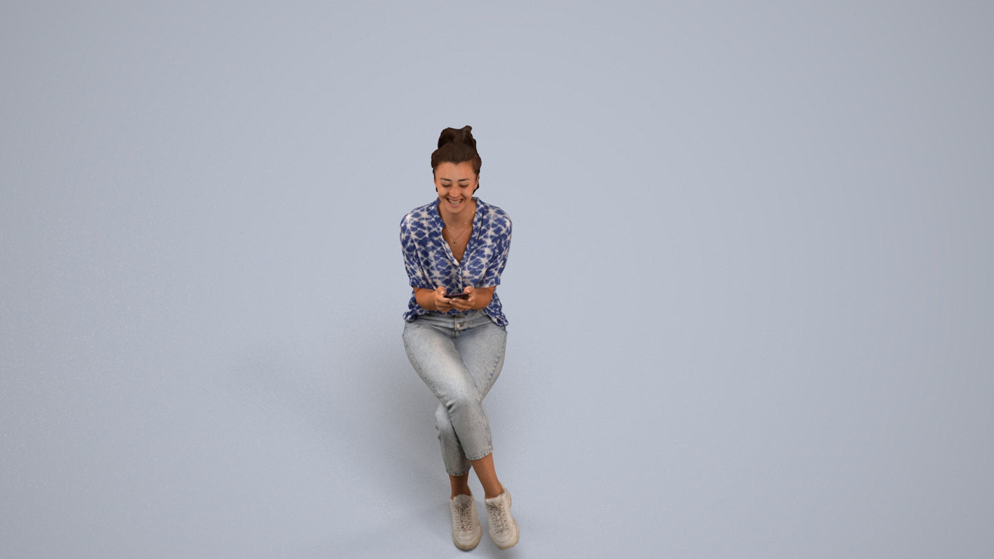 photogrammetry 3D woman casual sitting, realistic human model archviz FBX, back view render