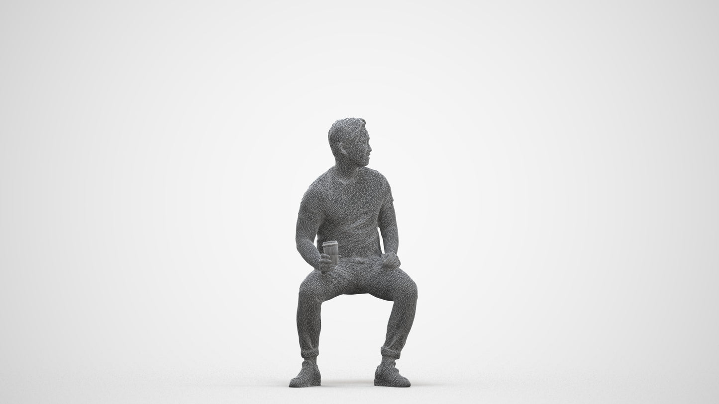 realistic 3D man casual sitting, scanned archviz people for Blender and 3ds Max, three-quarter front view render