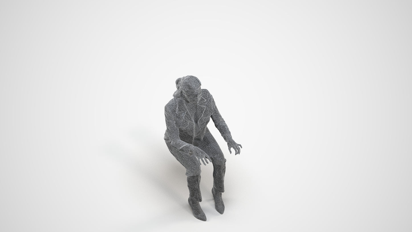 3D human model woman business sitting, photogrammetry scanned person for archviz, wireframe three-quarter view