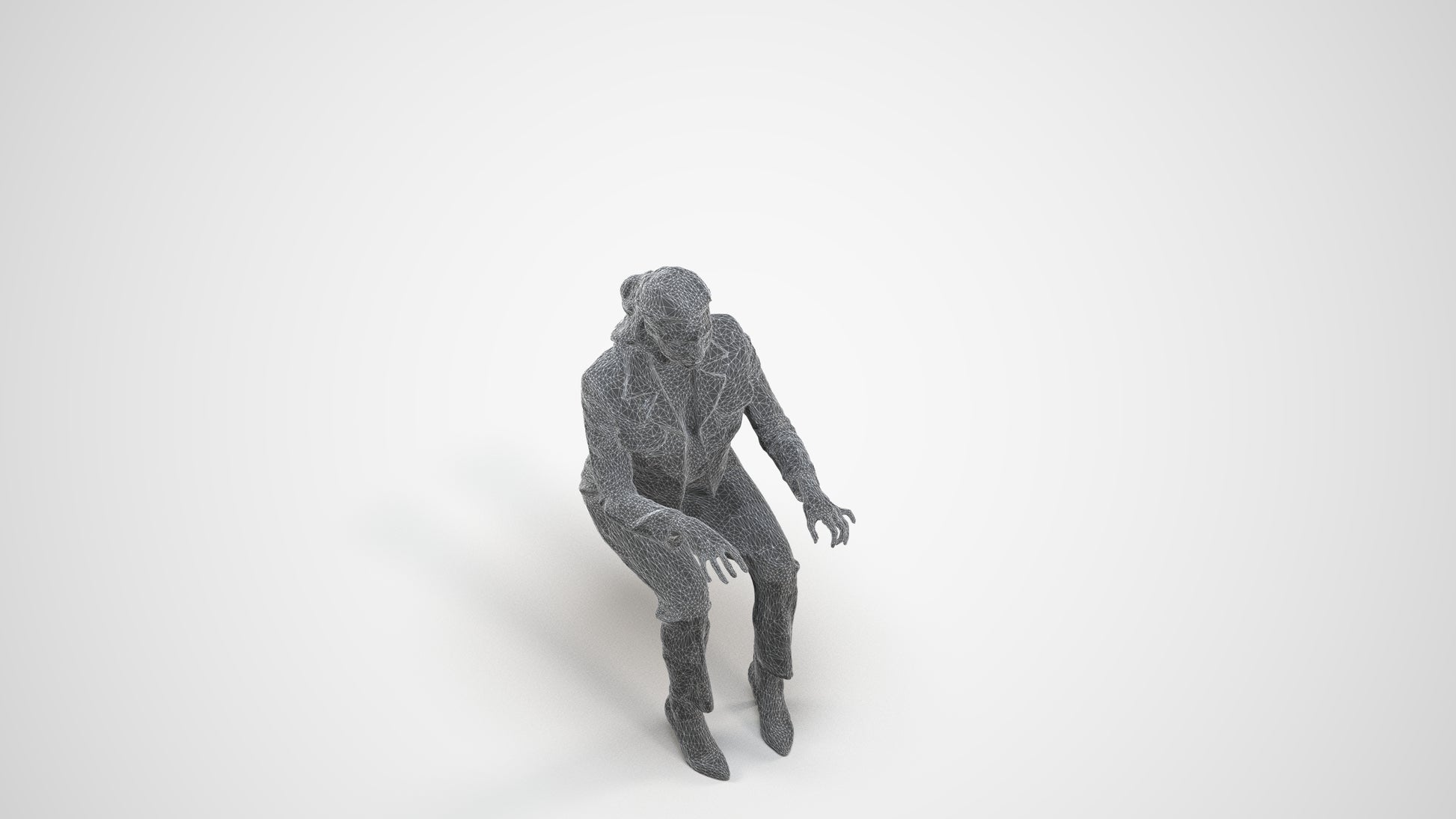 3D human model woman business sitting, photogrammetry scanned person for archviz, wireframe three-quarter view