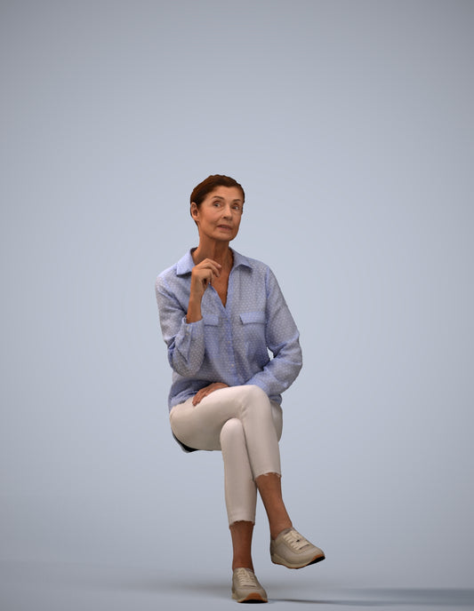 realistic 3D senior woman casual sitting, scanned archviz people for Blender and 3ds Max