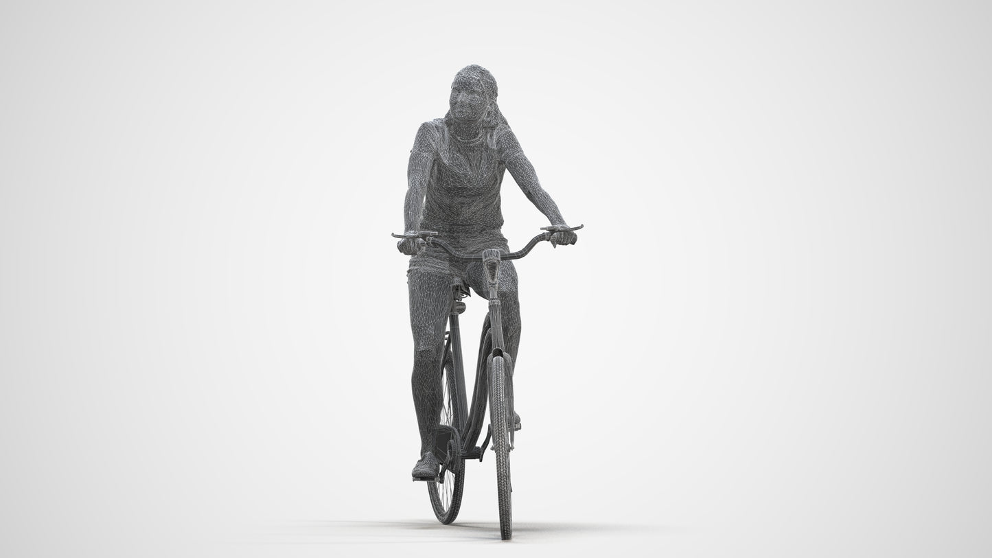 realistic 3D human girl casual cycling, archviz people FBX OBJ for Blender, three-quarter front view render