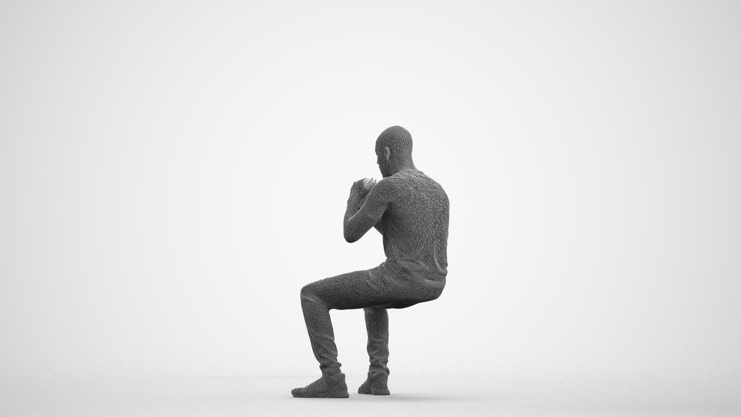 3D human model man casual sitting, photogrammetry scanned person for archviz, wireframe front view