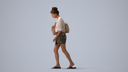 3D human model woman casual walking, photogrammetry scanned person for archviz, three-quarter view render