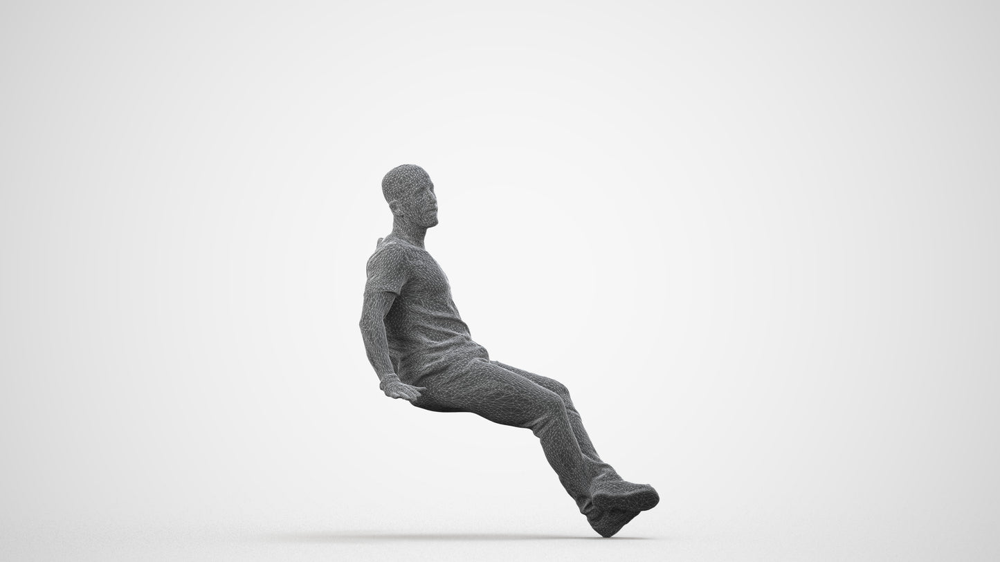 photogrammetry 3D man casual sitting, realistic human model archviz FBX, wireframe side view