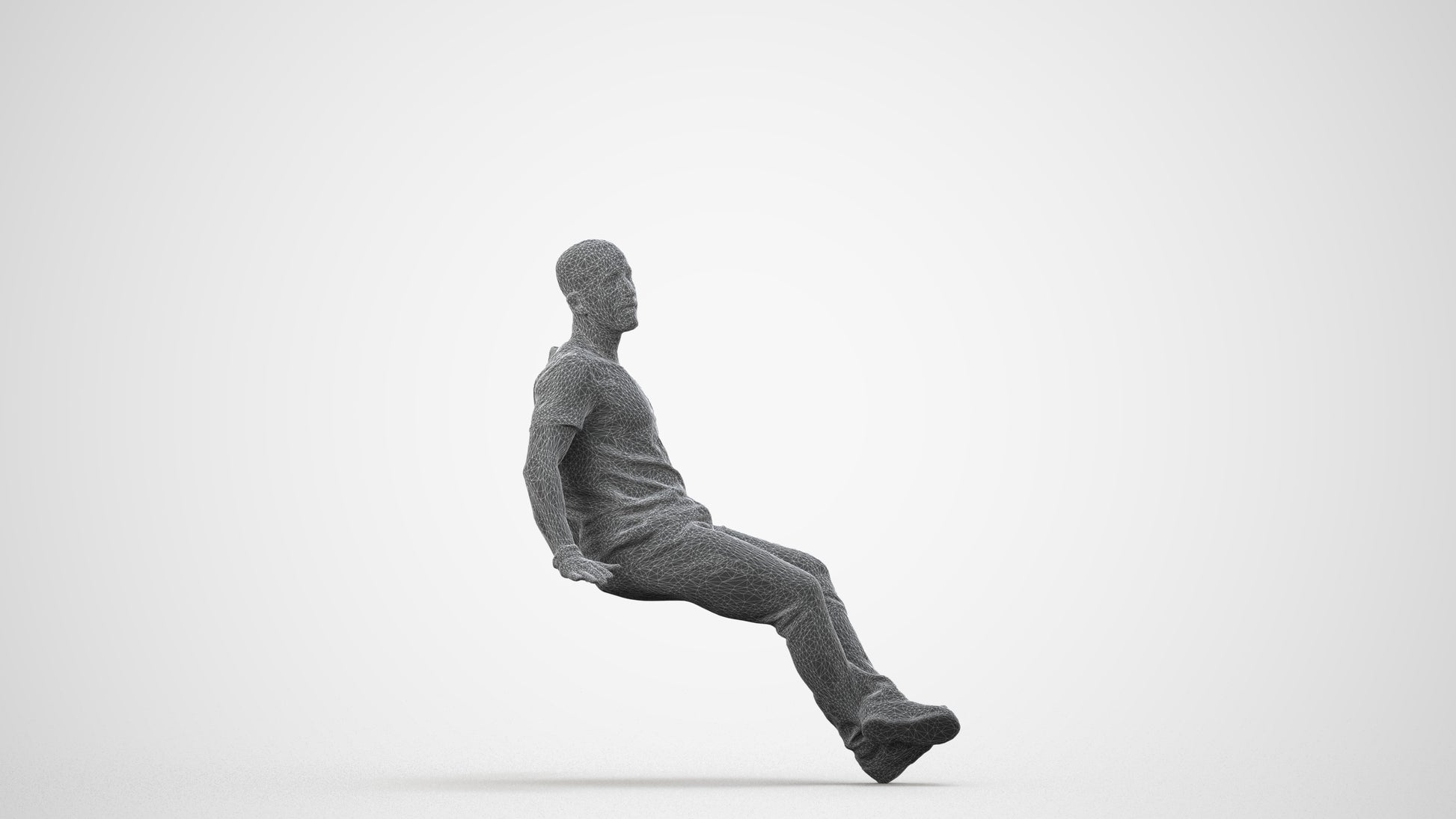 photogrammetry 3D man casual sitting, realistic human model archviz FBX, wireframe side view