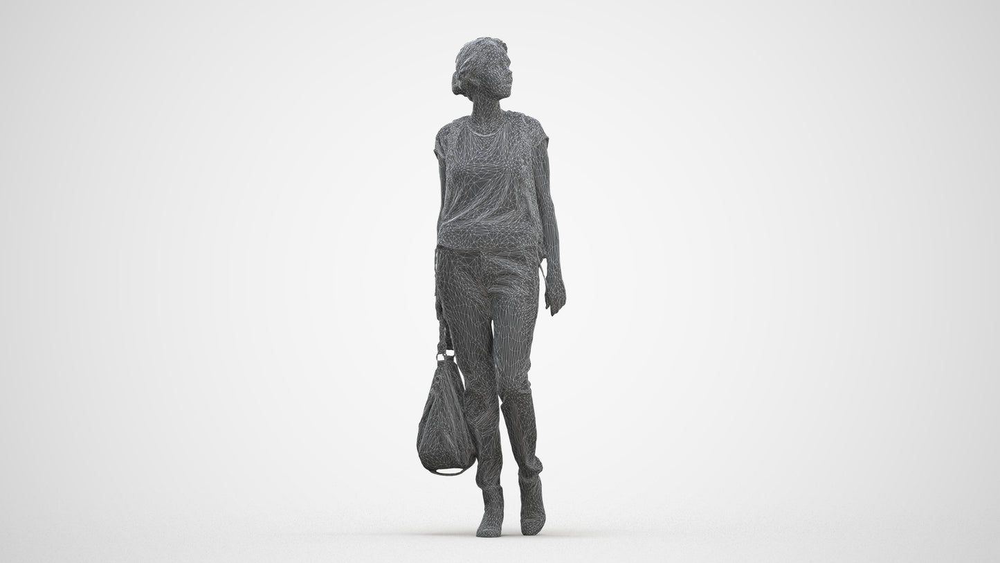 3D scanned woman standing casual, photorealistic archviz people for Enscape and SketchUp, three-quarter front view render