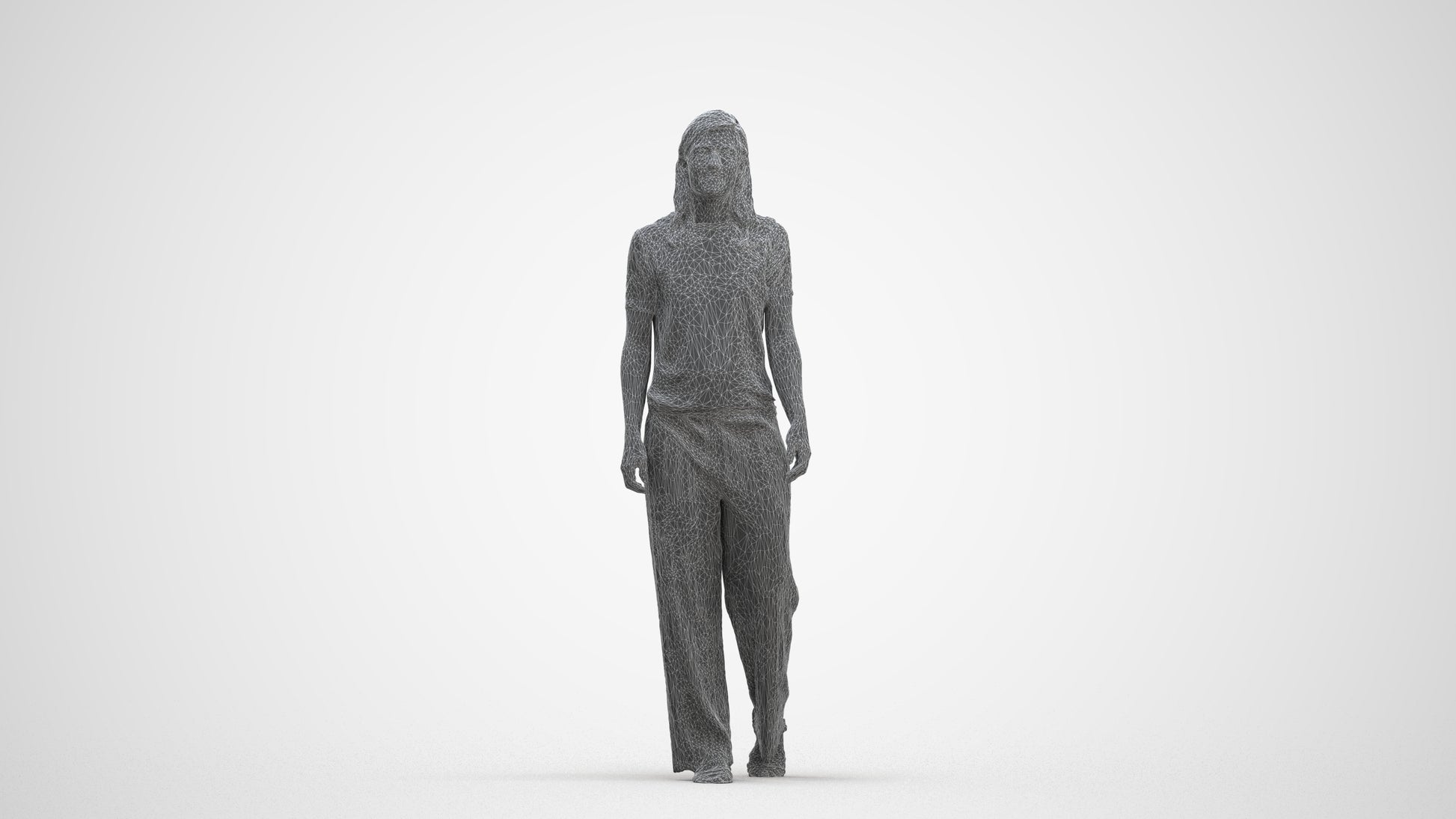 3D scanned woman walking casual, photorealistic archviz people for Enscape and SketchUp, three-quarter front view render