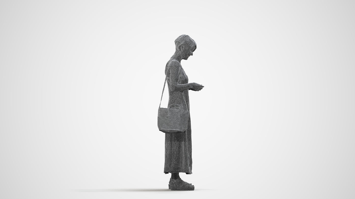 photogrammetry 3D senior woman standing, realistic human model archviz FBX, wireframe side view
