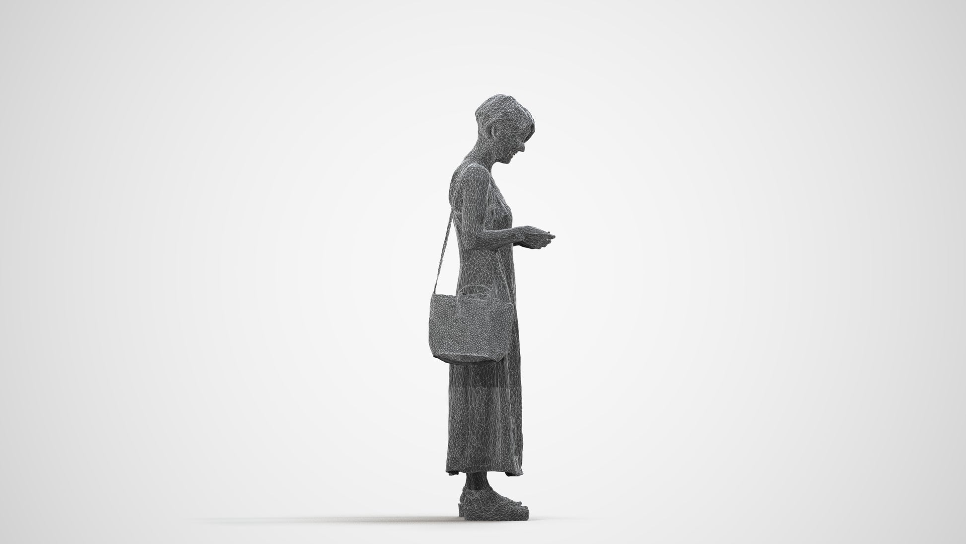 photogrammetry 3D senior woman standing, realistic human model archviz FBX, wireframe side view