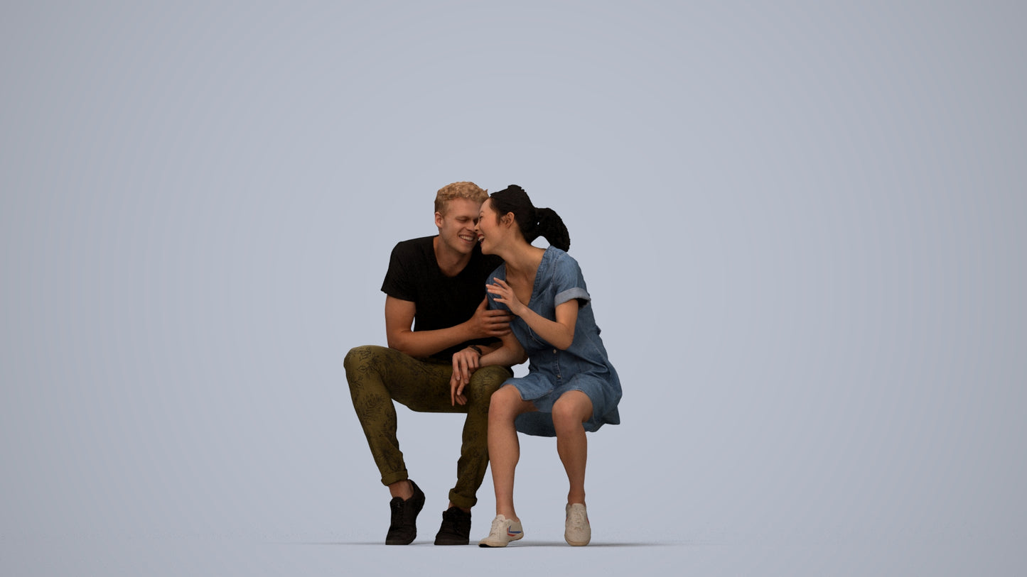 3D people model woman casual couple, scanned human for 3ds Max rendering, top-down view render