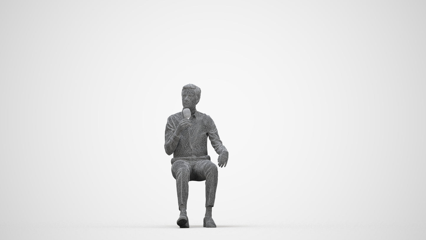 3D human model man business sitting, photogrammetry scanned person for archviz, wireframe back view