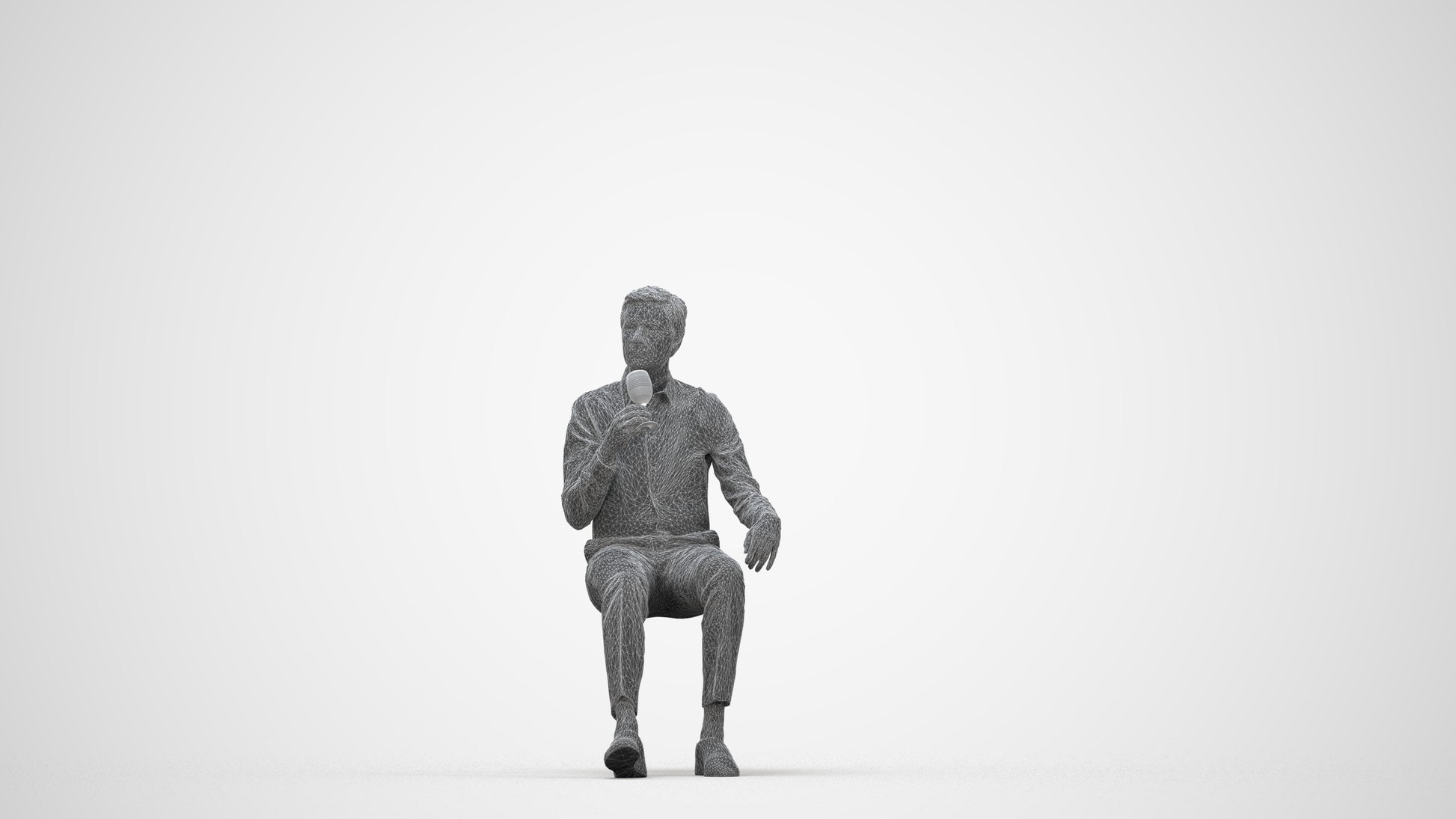 3D human model man business sitting, photogrammetry scanned person for archviz, wireframe back view