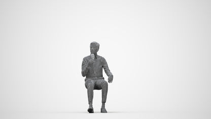 3D human model man business sitting, photogrammetry scanned person for archviz, wireframe back view