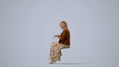 photogrammetry 3D woman casual sitting, realistic human model archviz FBX, three-quarter view render