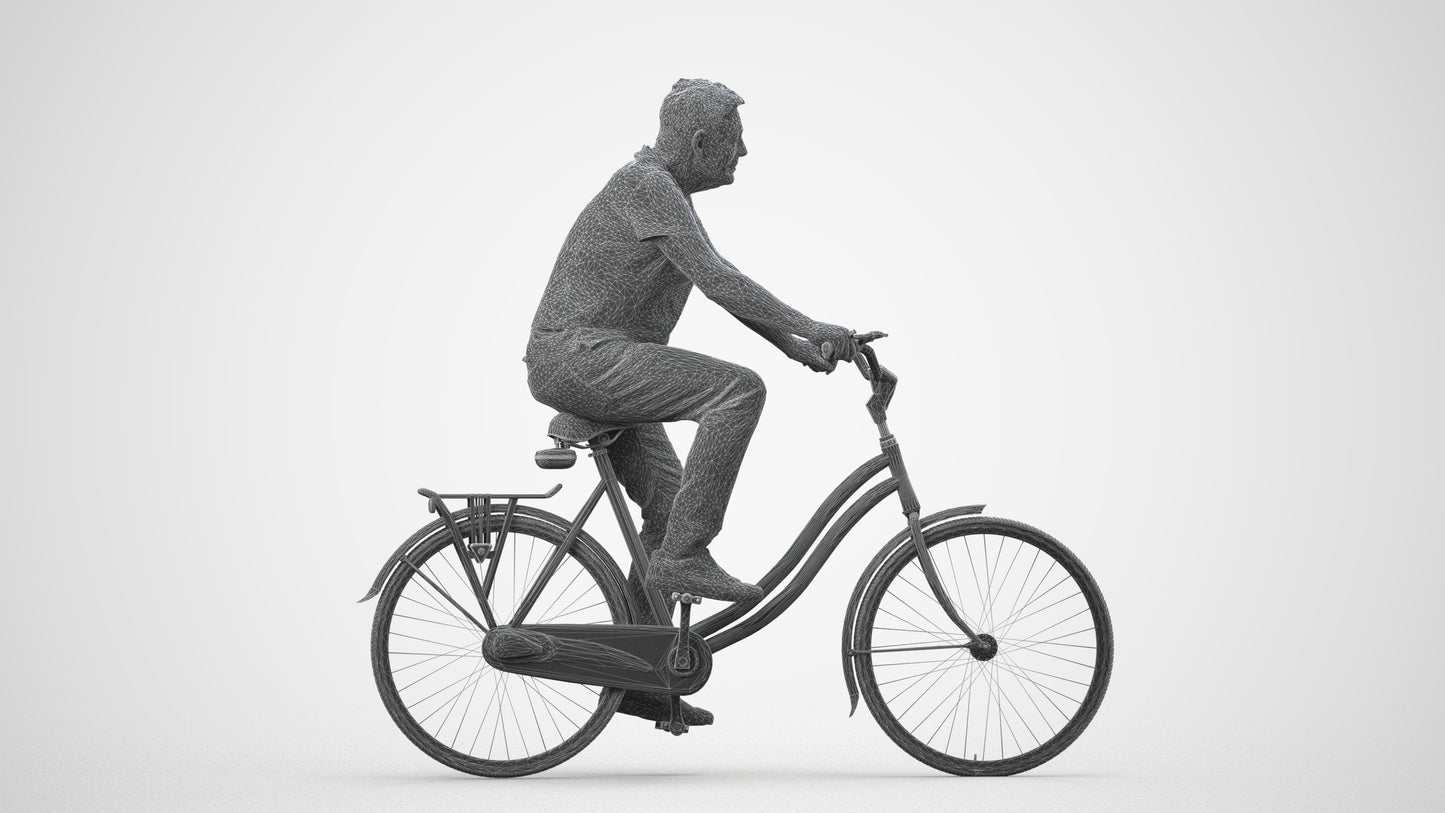 scanned 3D senior man casual cycling, photogrammetry people for Enscape and V-Ray, wireframe side view
