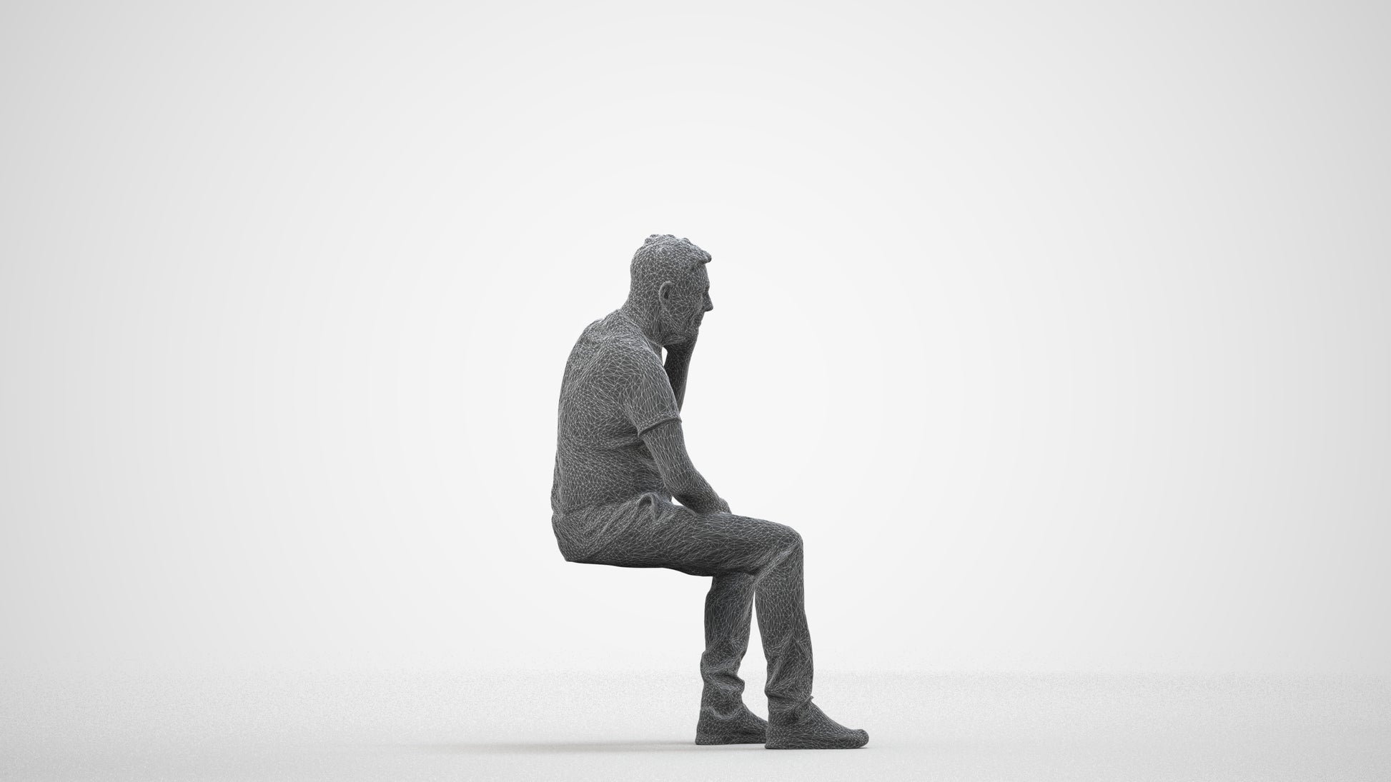 3D scanned senior man sitting casual, photorealistic archviz people for Enscape and SketchUp, wireframe side view