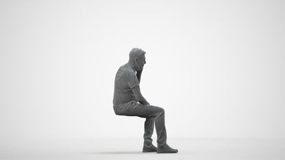 3D scanned senior man sitting casual, photorealistic archviz people for Enscape and SketchUp, wireframe side view