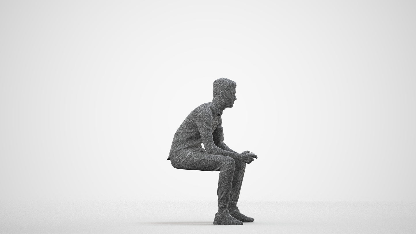 3D people model man casual sitting, scanned human for 3ds Max rendering, wireframe side view