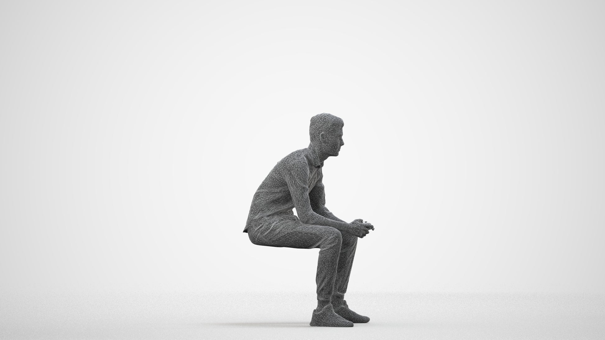 3D people model man casual sitting, scanned human for 3ds Max rendering, wireframe side view